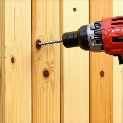 A close-up of an impact driver securing a diagonal brace on a wooden deck gate for long-term stability.