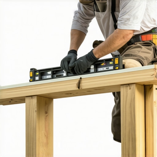 Carpenter checking the level of a composite cocktail rail with a sub-rail support