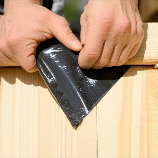 A builder applying protective joist tape to wood stair stringers to prevent rot and squeaks.