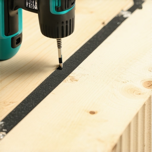 A close-up of an impact driver installing a screw into composite decking with protective joist tape.