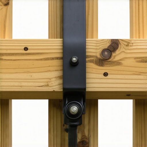 A close-up shot of a galvanized joist hanger painted matte black to blend into the shadows of a deck frame.