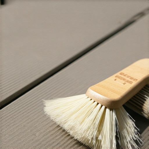 Close up of composite decking boards showing the gap needed for drainage and a soft brush for cleaning.