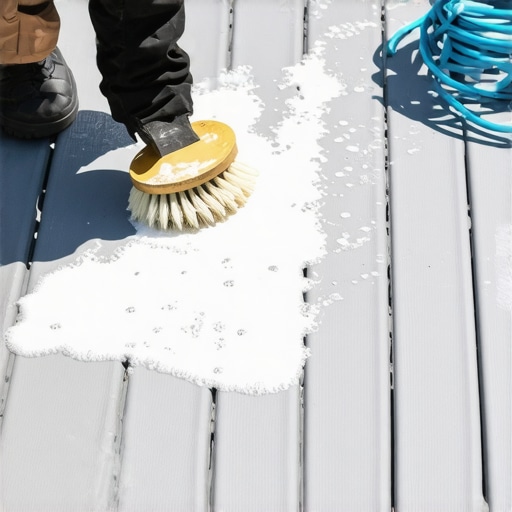 Cleaning a composite deck with a soft brush and soap