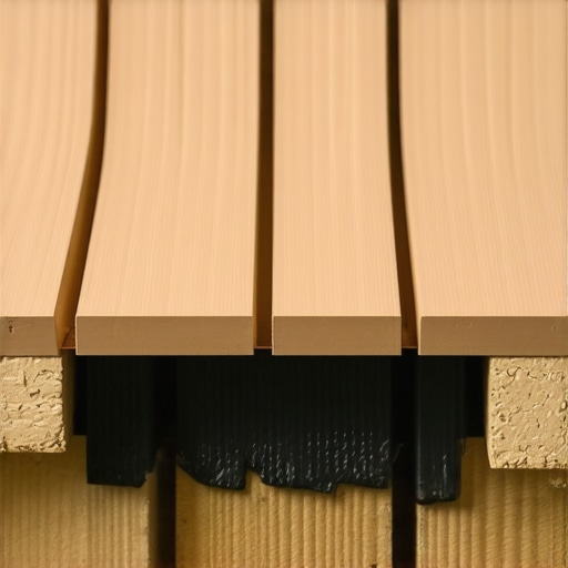 A technical view of a composite deck fascia board showing the essential drainage gap and protective joist tape for moisture management.