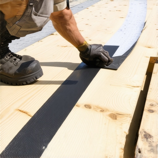 Protecting deck joists with butyl tape A close-up of joist tape being applied to a deck frame to prevent wood rot under composite boards.