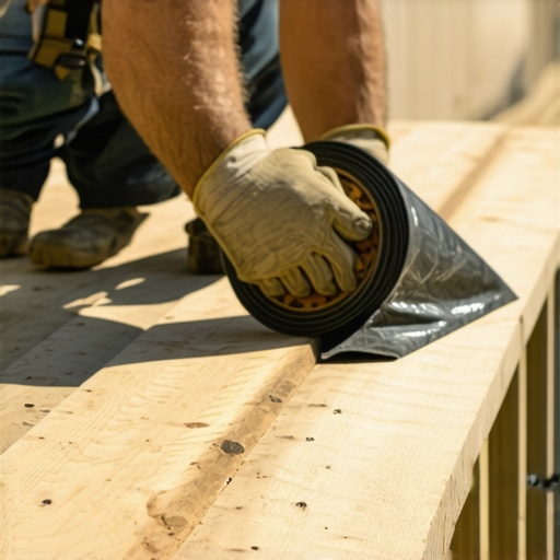 A professional contractor applying black waterproof joist tape to the top of a wooden deck joist to prevent rot.