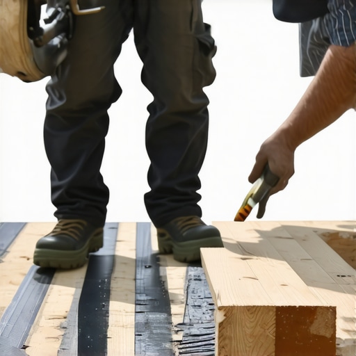 Protecting the deck frame with joist tape Contractor applying black joist tape to a wooden deck frame for moisture protection
