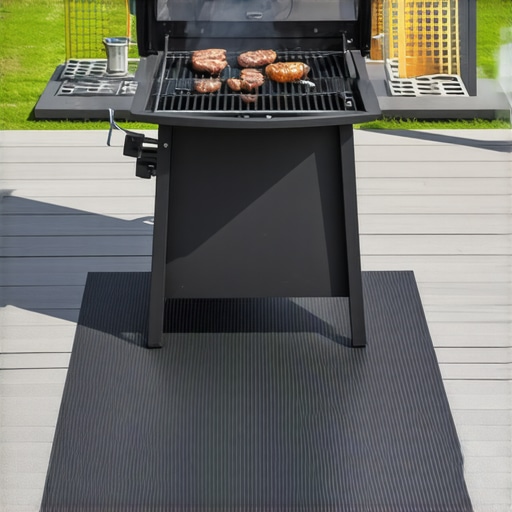 Protective grill mat on composite deck High-quality heat resistant mat protecting composite decking from grill embers