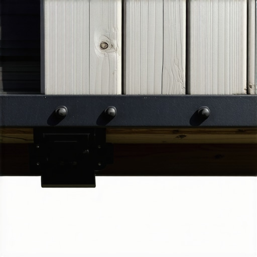 Close-up of a structural steel bracket reinforcing a composite deck stair stringer to prevent bouncing.