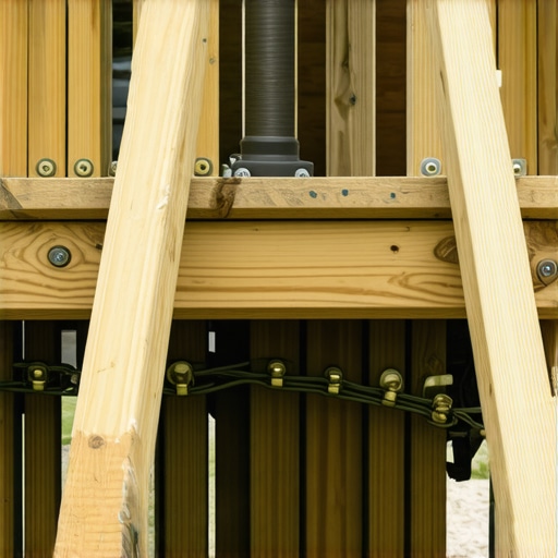 Metal tension ties and structural connectors securing deck stair stringers to prevent bouncy stairs.