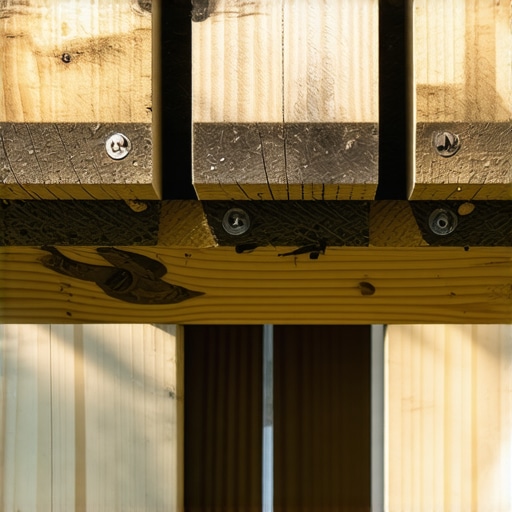 Close-up of sistered deck joists with structural screws for hot tub support