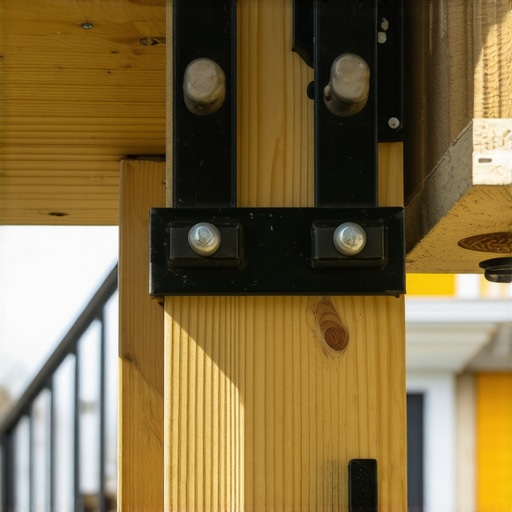 Close-up of deck stair stringer with steel reinforcement brackets