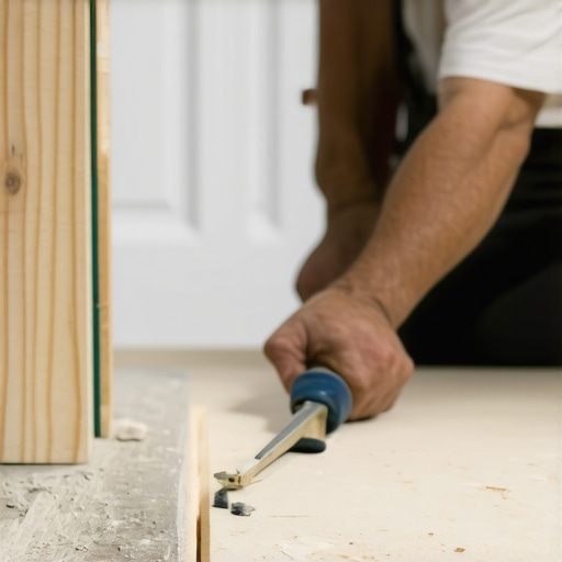 Carpenter scribing a wooden stair stringer to match an uneven concrete landing for a perfect structural fit.