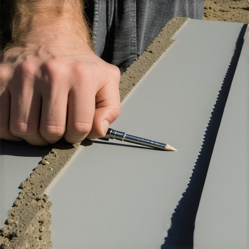 A carpenter using a compass to scribe a deck board against a stone chimney.