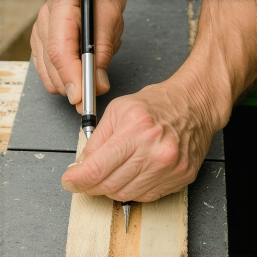 A professional deck builder using a compass tool to trace a stone wall profile onto a deck board.