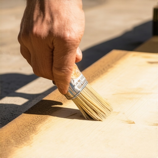 Applying end-grain sealer to a cut composite board to prevent moisture damage.