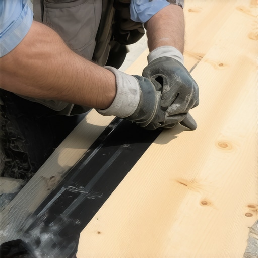 Sealing deck joists for longevity Contractor applying black moisture barrier to the top of pressure treated wood joists