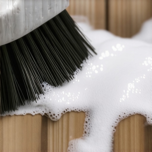 A soft-bristle brush being used to gently clean the surface of a composite deck with soap.