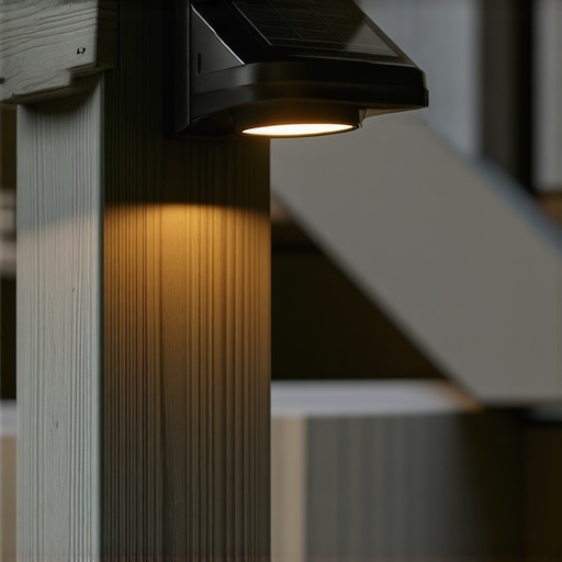 Warm LED solar post cap light illuminating a composite deck post at night for safety.
