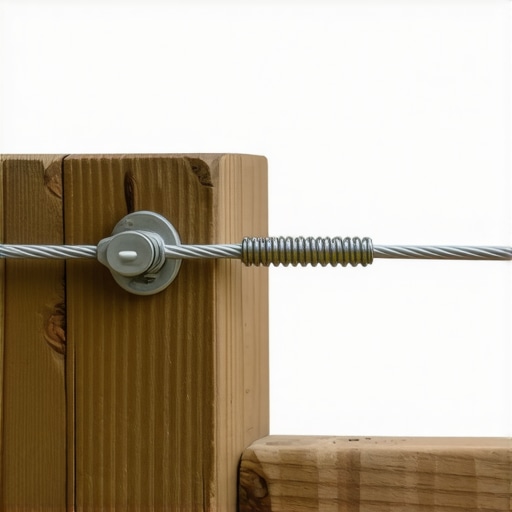 Detail of a spring-loaded tensioner on a deck post to prevent cable sagging