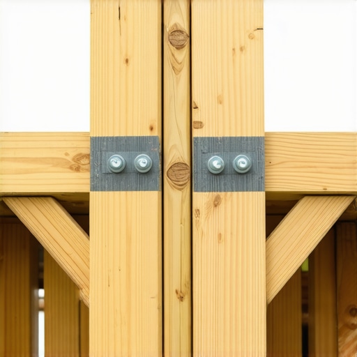 A detailed view of the framing and blocking used to stabilize wide wrap-around deck stairs.