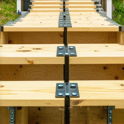 Structural Double Blocking for Deck Stability Detailed view of mid-span blocking and joist reinforcement on an outdoor deck.