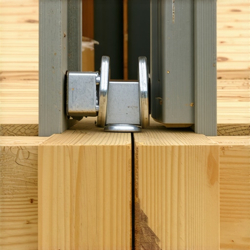 A close-up of a metal bracket used by a professional deck builder to secure stair stringers to the main frame.