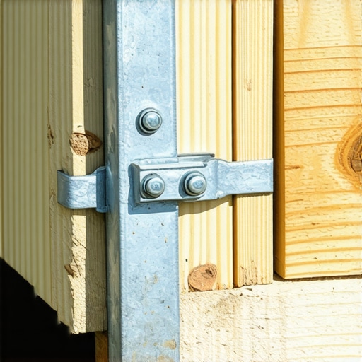 Close up of a metal tension tie securing a wobbly deck railing post to the frame.