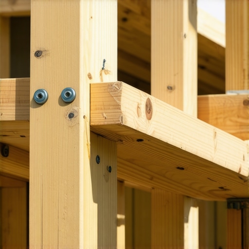 Detailed view of wood blocking and structural screws used to reinforce a built-in deck bar.
