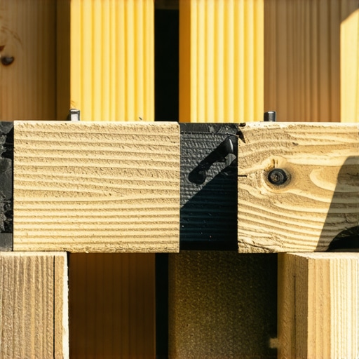 Close-up of deck joists with mid-span blocking and protective tape for structural stability.