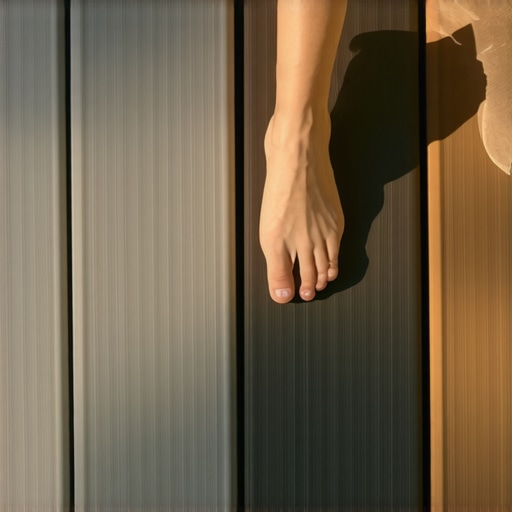 A barefoot person testing the temperature difference between light and dark composite deck boards in direct sunlight.