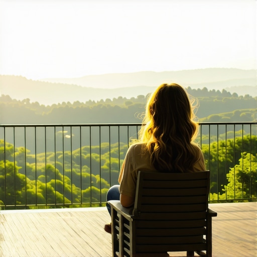 A homeowner sitting on a deck checking the view through low-profile railings