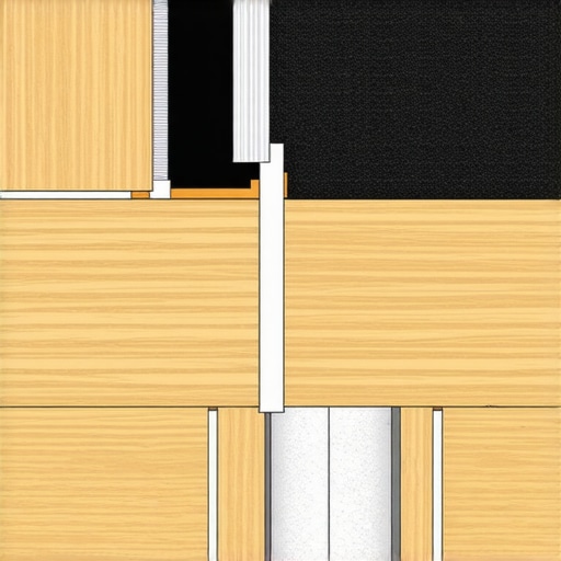 A technical view of a deck drainage system with a sloped trough membrane between wooden joists.