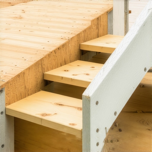 Underneath view of deck stair stringers reinforced with solid wood blocking for structural stability