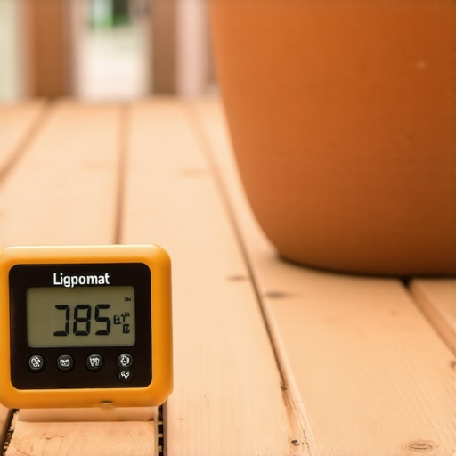 Using a Pinless Moisture Meter for Deck Inspection Digital moisture meter checking wood deck humidity levels under a garden planter