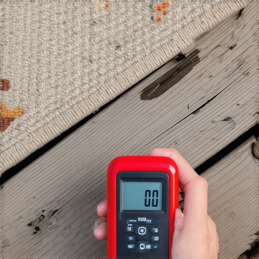 A digital moisture meter checking wood moisture levels under an outdoor rug on a deck.