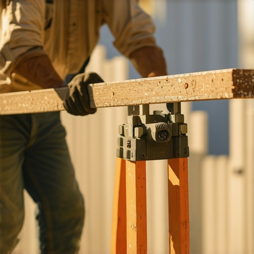 Builder balancing a long composite decking board on a sawhorse pivot point