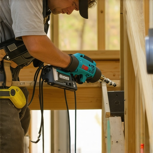 Close-up of a worker using a professional screw gun on gray composite stair treads.