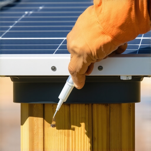 A person applying silicone sealant to a solar deck light to prevent water damage.
